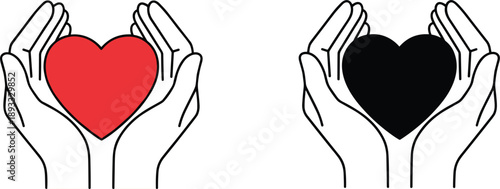 Hands holding heart icons in red and black representing care love support charity and compassion concepts