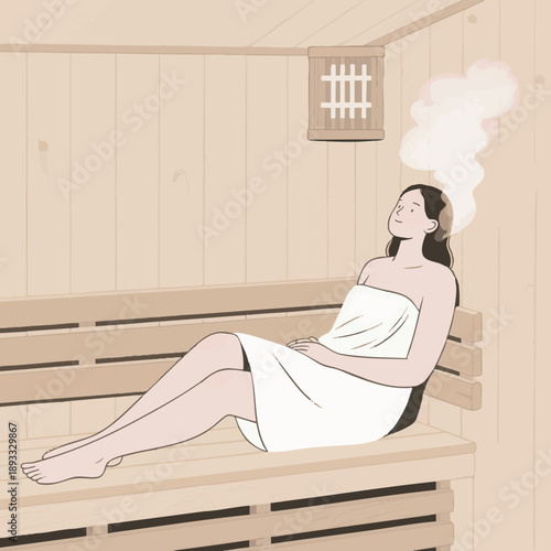 A simple illustration of a woman relaxing in a sauna. Steam. Promotes blood circulation. Sauna lifestyle. Nordic style. Relaxation, habit.