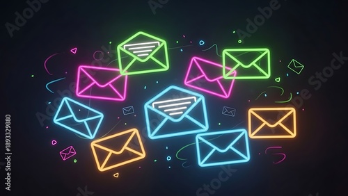 Vibrant Neon Email Envelope Icons Glowing in Digital Communication Technology Space with Colorful Light Effects for Modern Marketing Concepts