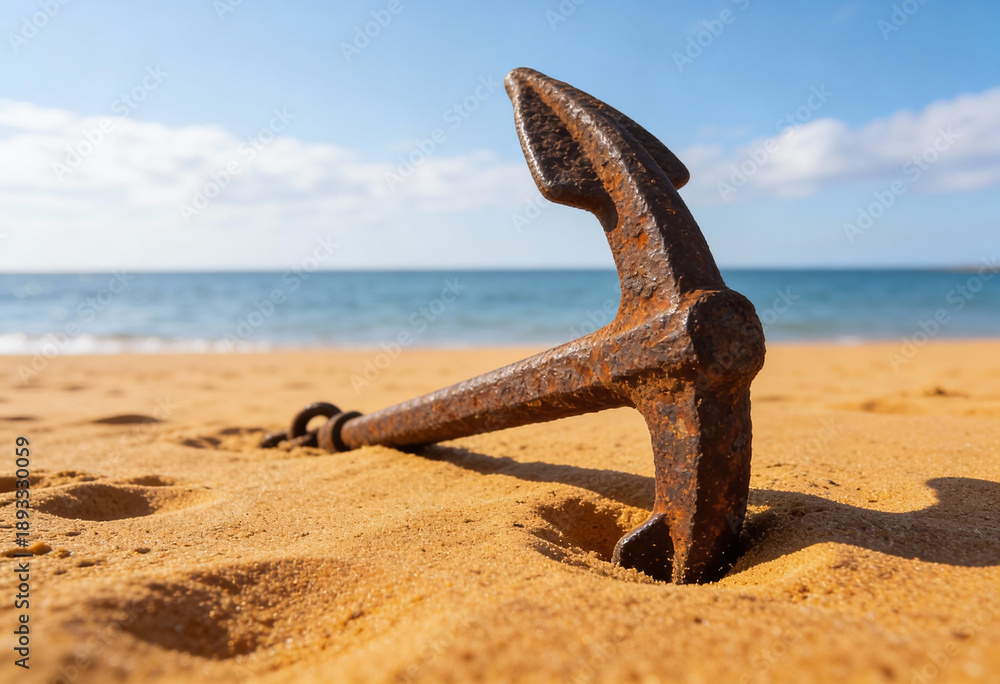 Fototapeta premium Rusty sea anchor on sand beach background in amazing summer sunset light texture blurred view amazing impressivel