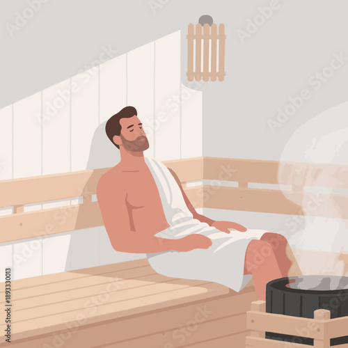 A simple illustration of a man relaxing in a sauna. Steam. Promotes blood circulation. Sauna lifestyle. Nordic style. Relaxation, habit.