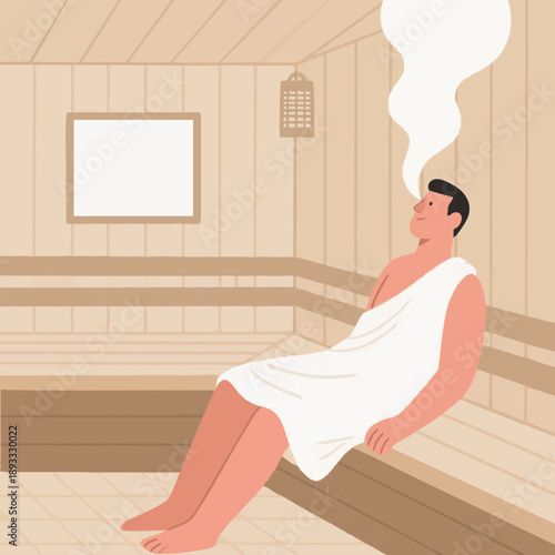 A simple illustration of a man relaxing in a sauna. Steam. Promotes blood circulation. Sauna lifestyle. Nordic style. Relaxation, habit.