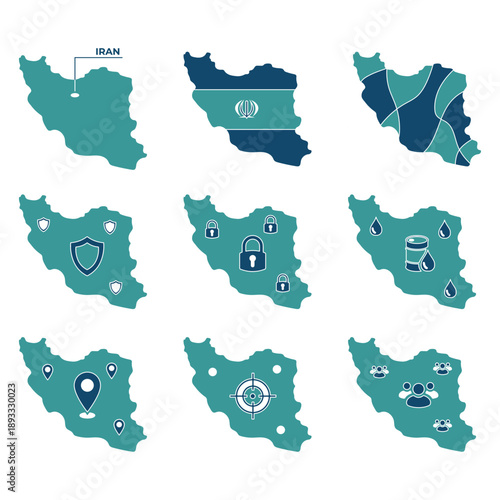 A grid of nine stylized maps of Iran, each depicting different concepts like security, resources, location, strategy, and population, using various icons and patterns.