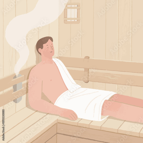 A simple illustration of a man relaxing in a sauna. Steam. Promotes blood circulation. Sauna lifestyle. Nordic style. Relaxation, habit.