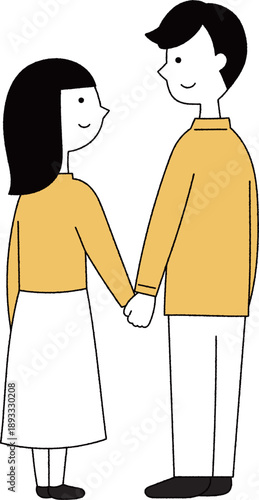 手を繋ぐ若い男女後ろ姿単色