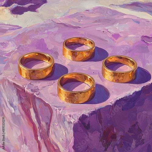 Three Shimmering Gold Rings Set Against a Soft Lavender Background Captivating Visual for Elegant Design and Luxury Themes