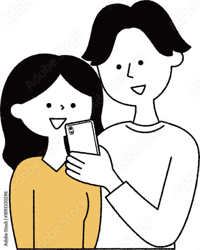 一緒にスマホを見る男女単色