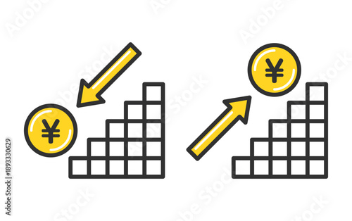 円マークと矢印で表現した価格の上昇と下落のイメージイラスト。Price Increase and Decrease Concept with Yen Symbol Icons.