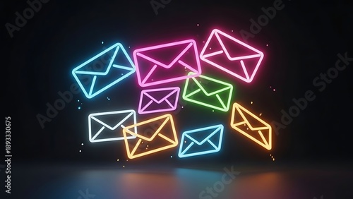 Neon Glowing Email Icons and Envelopes in Dark Digital Space - Modern Communication Technology Concept