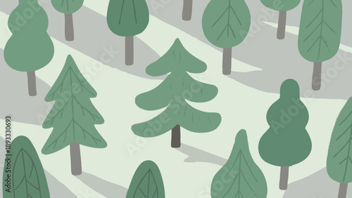 A frame of lush forest. Trees. Message card. Copy space. Simple and charming Scandinavian-style illustration.