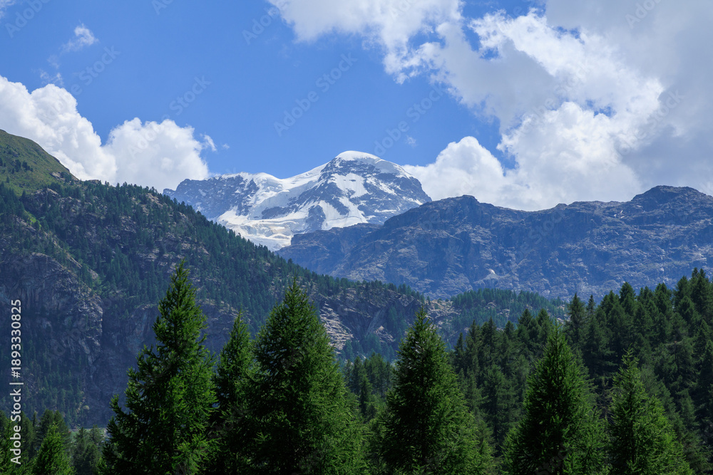Obraz premium Mountain panorama with summit Breithorn and trees near Zermatt in Swiss Alps, canton of Valais, Switzerland