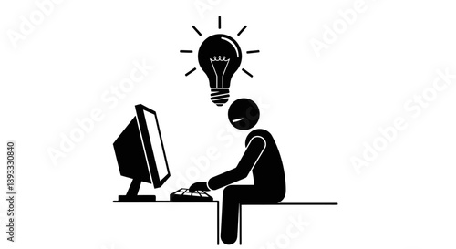 Person working on computer with a bright idea light bulb above head.