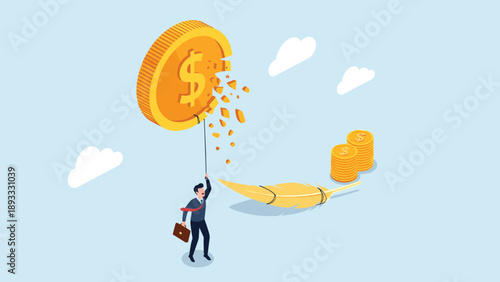 Worried businessman dangling from a giant gold coin balloon as it breaks apart illustrating economic instability and the loss of wealth.