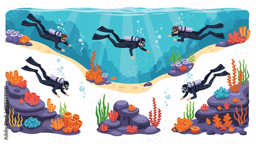 Group of recreational scuba divers exploring a colorful underwater world with coral reefs, aquatic plants, and diverse marine life in clear water.