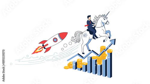 Successful startup founder riding a magical unicorn over a rising stock market growth chart with a fast moving rocket representing rapid scaling.