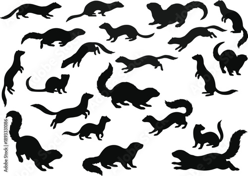 Black Silhouettes of Small Mammals in Varied Poses Depicting Mustelid Family Diversity and Movement for Artistic Reference