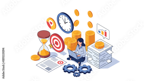 Productive freelancer woman working on a laptop surrounded by symbols of time, money, and professional goals for effective time management.