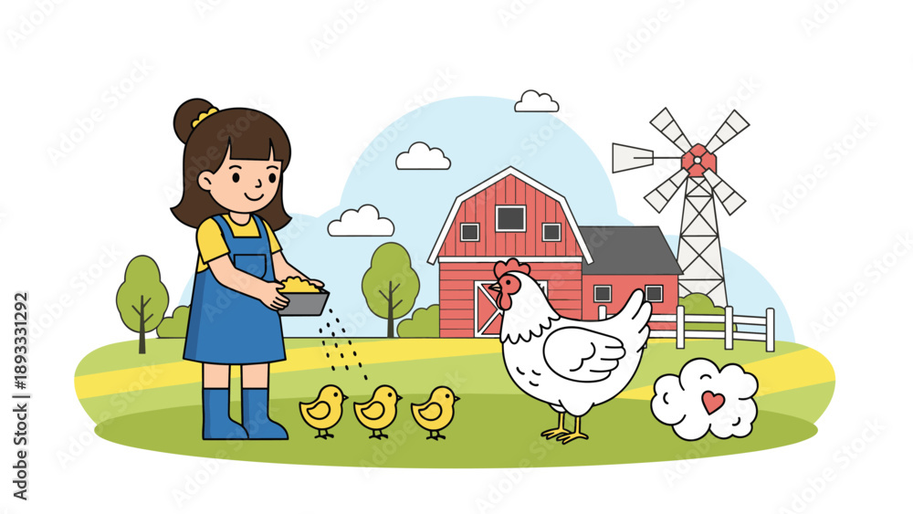 Fototapeta premium Little girl wearing overalls feeding a group of chickens and chicks on a bright sunny farm with a red barn and traditional windmill.