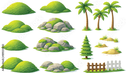Collection of cartoon-style green bushes gray rocks palm trees evergreen tree sand piles