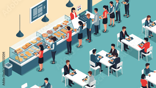 High angle isometric illustration of a crowded modern food court where diverse people are ordering food, queuing, and dining at tables.