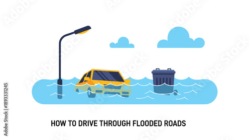 Yellow car trapped in deep flood water on a city street near a floating trash bin, warning about the dangers of extreme weather and roads.