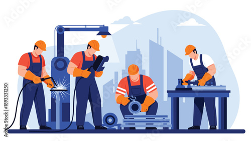 Skilled industrial workers in protective gear performing welding and assembly tasks in a professional metal fabrication factory workshop.