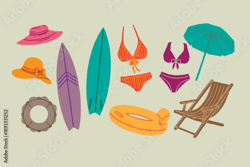 Summer beach accessories and activity vector colorful illustration set. Hand drawn Doodle crayon. surfboards, chairs, umbrellas, bikinis, swimwear, sun hats, inflatables, and lifebuoys
