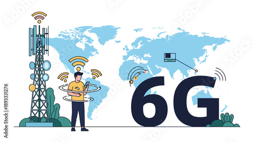 Advanced 6G network technology concept featuring a person using a mobile device near a signal tower with a global world map background.