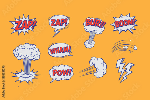 Comic bubble sign set. vector hand drawn crayon doodle colorful style. burst clouds, comics explosion speech bubbles. Boom dialogue frame, bang effect with text for pop art comics book