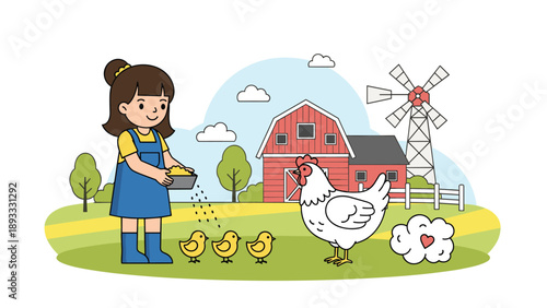 Little girl wearing overalls feeding a group of chickens and chicks on a bright sunny farm with a red barn and traditional windmill.