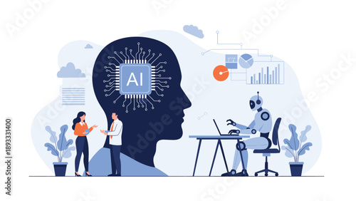 Artificial intelligence concept showing a human head silhouette with a CPU brain beside a robot and people analyzing data on a large screen.