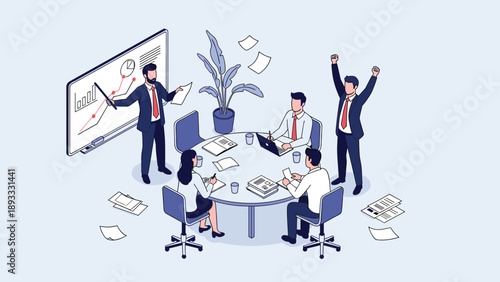 Professional business team celebrating a successful project meeting around a table while a leader presents positive data on a whiteboard.