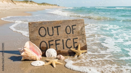 Out Of Office Wooden Sign on Sandy Beach with Seashells and Ocean Waves