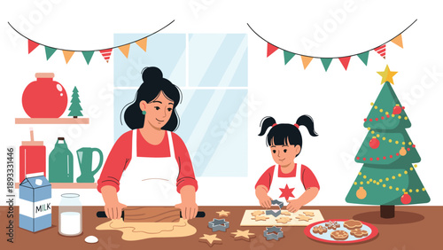 Mother and young daughter wearing aprons while baking Christmas cookies together in a festive kitchen decorated with a tree and lights.