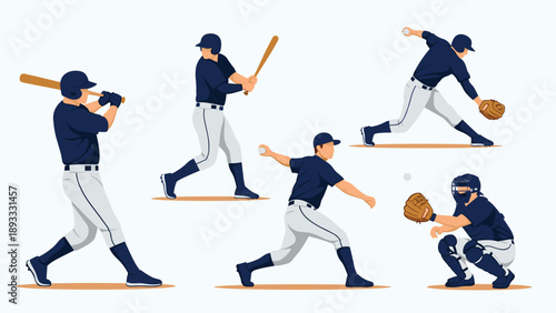 Baseball player figures in various action poses including pitching, batting, and catching during a competitive professional sports game.