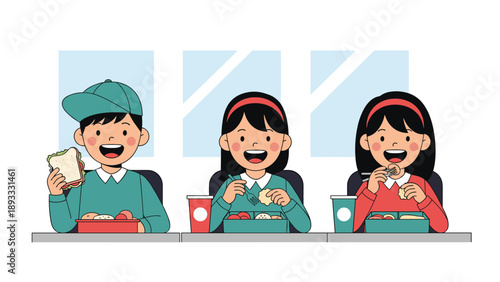 Group of happy schoolchildren sitting at a table and enjoying their healthy lunch boxes together, illustrating school life and social bonding.