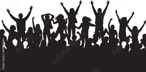 Excited crowd silhouette vector illustration showing people cheering with raised hands at large event