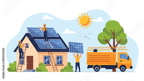 Solar panel installers working on the roof of a suburban house using ladders and a service truck, representing clean renewable energy solutions.