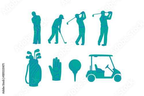 Set golf symbols, equipment. Golf players in various poses, cart, glove with ball, flag, golf clubs bag, hole. Hand drawn colorful crayon doodle Vector illustration.