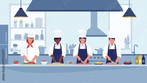 Team of professional chefs in white uniforms preparing fresh food at a long kitchen counter, representing collaboration in a busy restaurant.