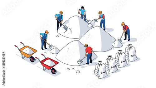 Industrial workers in safety gear shoveling piles of salt into bags and wheelbarrows, illustrating physical labor in a production facility.