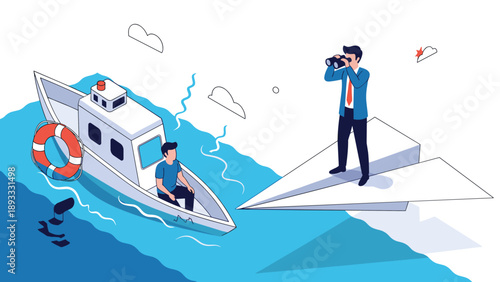 Businessman standing on a giant paper plane using binoculars to watch a person on a boat, representing visionary leadership and strategy.