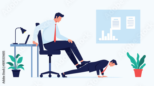 Arrogant corporate boss sitting on his hardworking employee who is forced to perform pushups on the floor in a toxic office setting.