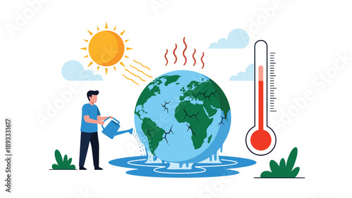 Global warming awareness showing a man trying to save the cracked earth with a watering can under a hot sun and rising thermometer.