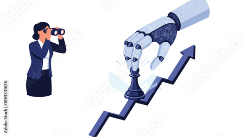 Strategic business growth shown with a robot hand moving a chess piece along an upward trending arrow while a manager watches carefully.
