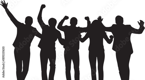Group of people raising fists and arms in unity and celebration vector illustration