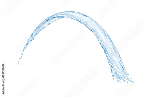 Clear blue water stream flowing in an arch motion, clean splashing liquid pouring with a transparent background
