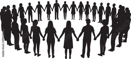 Large circle of diverse people holding hands in unity vector illustration representing community bond