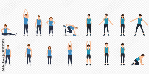 Set of people performing various warm-up exercises and stretches, demonstrating physical activity and fitness routines.