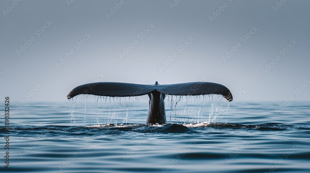 Obraz premium displacement. A whale tail emerging from the ocean with great force and water spray. wildlife magazines, conservation campaigns, designed for wildlife conservation campaigns, celebrates biodiversity.